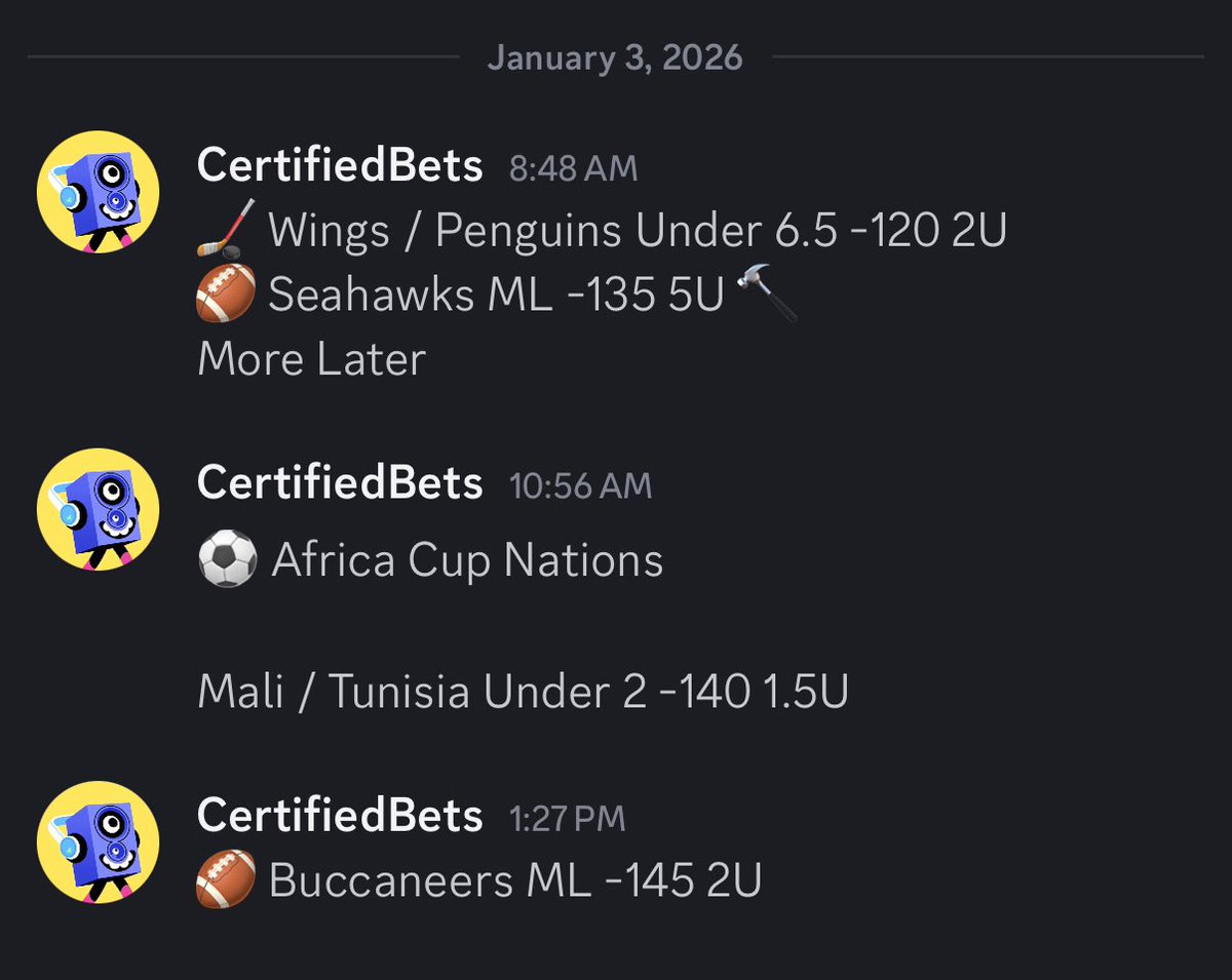 CertifiedBet's tweet image. 🏆 Premium VIP Recap 3-0-1 🧹 

✅🏈Seahawks ML -135 5U 
✅🏈Buccaneers ML -145 2U 
✅ 🏒 Penguins/Wings U6.5 -120 2U 
🅿️⚽️Mali / Tunisia U2 -140 PUSH 

📱 VIP Has Won 5 Out Of 7 Days .DM Me For A New Years Deal 🤝
#GamblingX #Seahawks 
#NHLPicks #NFLBets 
#SoccerPicks
