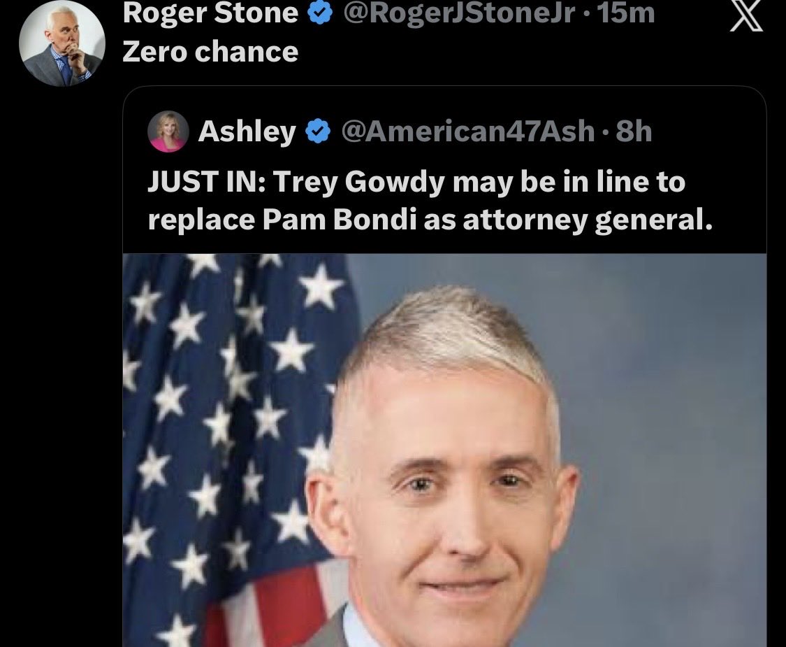 JohnMcCloy's tweet image. 🔥👀 NO. Roger Stone is CORRECT on GOWDY SUCCEEDING BONDI. He is the EPITOME OF A UNIPARTY RINO &amp;amp; BELONGS NOWHERE NEAR BEING AG. He assisted in sabotaging @mattgaetz for AG and thought President Trump’s claims about Spygate were “BASELESS”