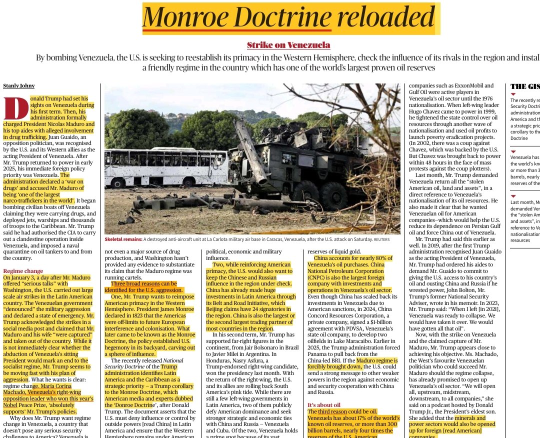 Monroe Doctrine reloaded

Source: The Hindu 

GS Paper-2: International Relations

News: United States launched a series of airstrikes on Venezuela and captured sitting President Nicolás Maduro.