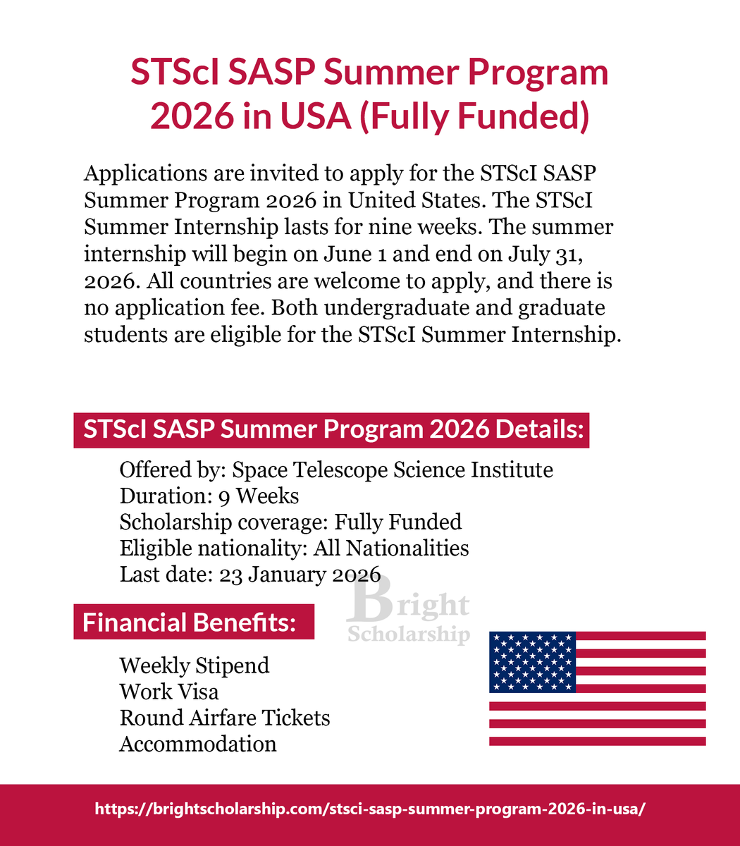 BrightSship's tweet image. STScI SASP Summer Program 2026 in USA (Fully Funded)

Duration: 9 Weeks
Eligible nationality: All Nationalities
Award country: United States
Last date: 23 January 2026

Apply Link: brightscholarship.com/stsci-sasp-sum…

#BrightScholarship #FullyFunded #SummerProgram #USA