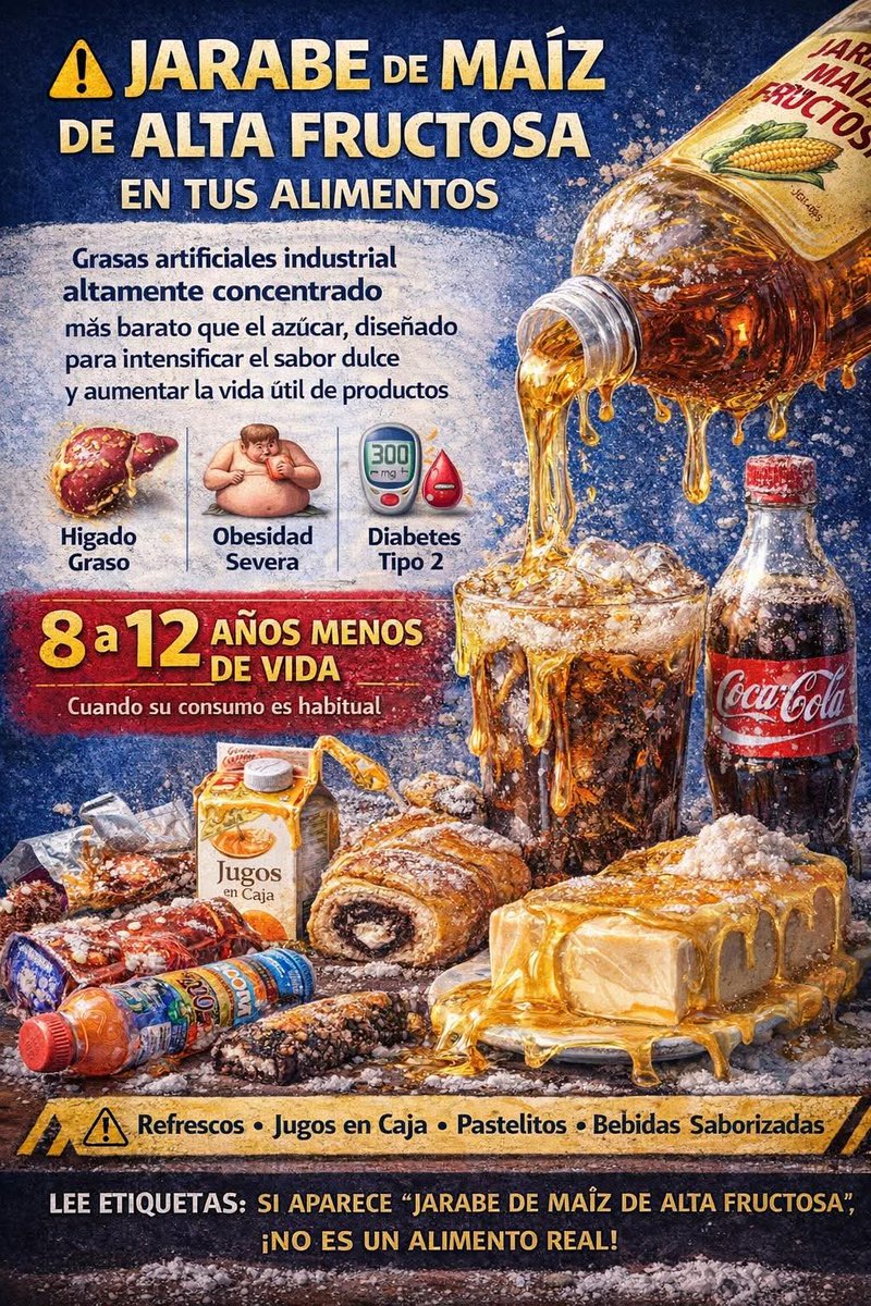 ⚠️ JARABE DE MAÍZ DE ALTA FRUCTOSA EN TUS ALIMENTOS

Qué es
Es un endulzante industrial altamente concentrado, más barato que el azúcar, diseñado para intensificar el sabor dulce y aumentar la vida útil de los productos.

Por qué es tan dañino
El cuerpo no lo procesa igual que