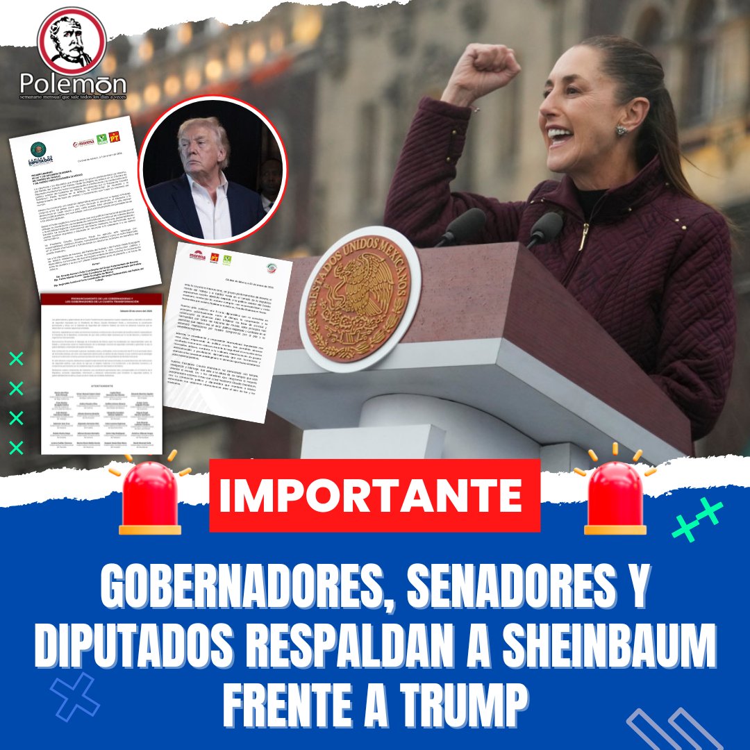 revistapolemon's tweet photo. 🚨#IMPORTANTE | La Presidenta @Claudiashein recibió el respaldo de diputadas, diputados, senadores, senadoras, gobernadores y gobernadoras de todo el país, ante su postura frente a la decisión del Presidente Donald Trump de invadir Venezuela.

NOTA👇
https://t.co/kQHGUK2OF9 https://t.co/dSPgLKgWKF
