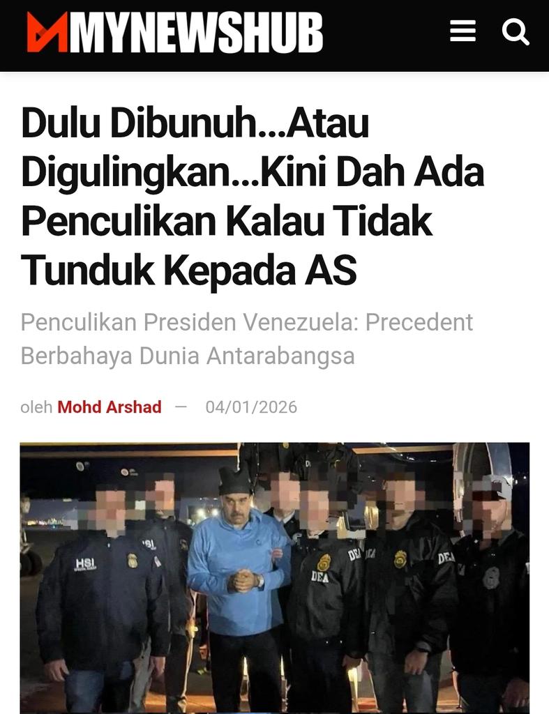 mynewshub's tweet photo. Dulu Dibunuh...Atau Digulingkan...Kini Dah Ada Penculikan Kalau Tidak Tunduk Kepada AS

Oleh Mynewshub 

Penculikan Presiden Venezuela: Precedent Berbahaya Dunia Antarabangsa

Tindakan tidak bertamadun yang dilakukan oleh Amerika Syarikat terhadap Presiden Venezuela, Nicolás Maduro, serta isterinya Cilia Flores, merupakan satu perbuatan yang amat dikecam dan tidak boleh diterima oleh mana-mana masyarakat bertamadun.

Ia bukan sekadar pelanggaran kedaulatan sebuah negara berdaulat, malah mewujudkan precedent yang sangat membahayakan dalam hubungan antarabangsa—di mana pemimpin sesebuah negara boleh diculik sesuka hati oleh kuasa besar atas nama kuasa, pengaruh atau kepentingan geopolitik.

Jika perbuatan seperti ini dibiarkan tanpa kecaman dan tindakan tegas, dunia sedang menuju ke arah anarki antarabangsa, di mana undang-undang antarabangsa, prinsip kedaulatan negara, dan Piagam Pertubuhan Bangsa-Bangsa Bersatu hanya tinggal slogan kosong. 

Hari ini Venezuela, esok mungkin negara lain yang tidak sehaluan dengan kepentingan kuasa besar.

Masyarakat antarabangsa tidak boleh berdiam diri. 

Yang diculik begitu selamba itu adalah Presiden sebuah negara berdaulat.

Kerana tamak mahu menguasai minyak Venezuela, maka alasan pengedaran dadah dan senjata diwujudkan untuk menculik pemimpin berkenaan yang diketahui tidak mahu tunduk kepada pengaruh AS.

Akan datang negara anjing Israel ini boleh mewujudkan apa sahaja alasan untuk menculik mana-mana pemimpin yang enggan tunduk kepada mereka.

Dan apakah yang akan menghalang negara besar lain bertindak melakukan perkara yang sama?

Mungkin lepas ini China boleh menculik Presiden Taiwan pula atas apa-apa alasan rekaan.

Penculikan pemimpin negara—sama ada secara langsung atau terselindung—adalah satu jenayah politik global yang mengancam kestabilan dunia, mencetuskan konflik, dan membuka pintu kepada penyalahgunaan kuasa tanpa batas.

Dunia mesti menolak politik ala “siapa kuat dia berkuasa” atau “siapa kuat maka dia boleh buat ikut suka mak bapak dia!”.

Keadilan antarabangsa hanya bermakna jika undang-undang terpakai kepada semua—termasuk negara yang paling berkuasa.

Amerika Syarikat adalah umpama negara anjing gila yang sudah terlalu mirip dengan Zionist tingkah-laku mereka.

Sikap angkuh seperti ini seharusnya dikutuk dan dikeji oleh masyarakat antarabangsa. - MYNEWSHUB