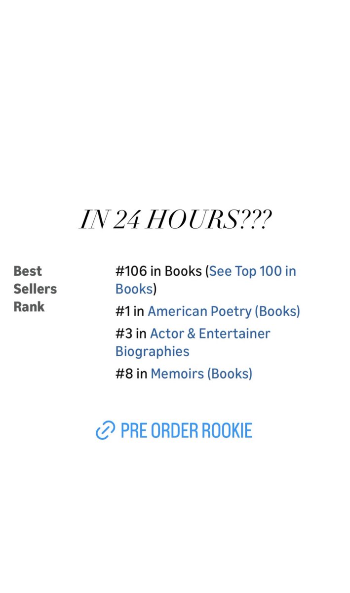 Já é Best Seller!🤍
Em 24 horas Rookie entrou como o 106 em livros maia vendidos, 1º em livro de poesia americana, 3º em biografia de ator é entretenimento e 8º em memórias.

Joshua Bassett | Instagram Stories
