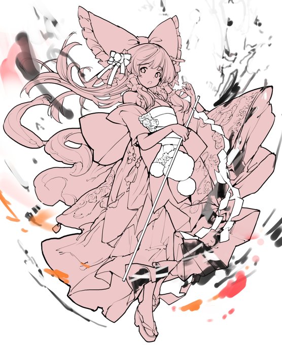 振袖霊夢線画、簡易モノクロ仕上げでまとめてみようとしたら暗黒闘気を出してる霊夢みたいになりました😊 