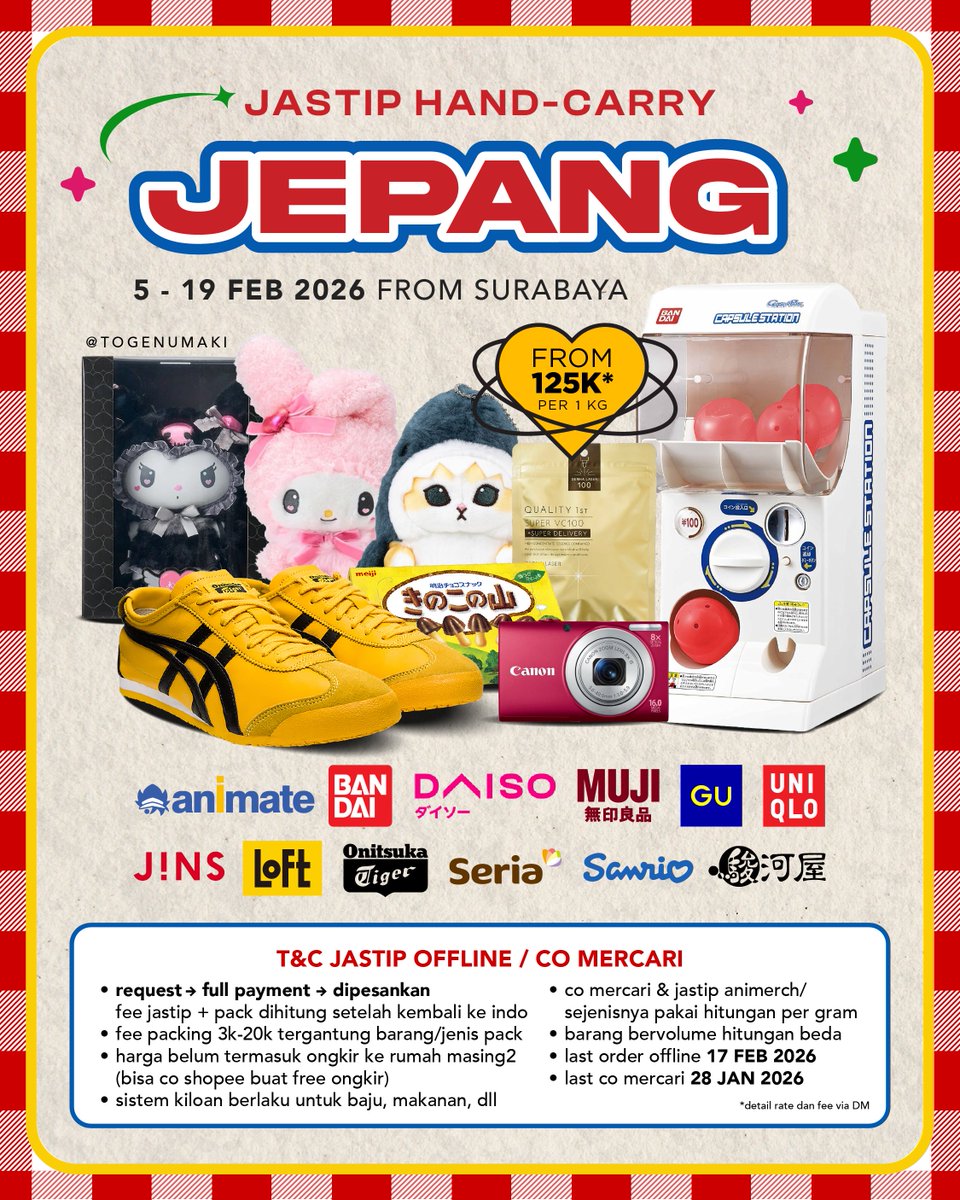 togenumaki's tweet image. rt is appreciated ⋆˚꩜｡

halo, aku buka jastip hand carry Jepang 5-19 Februari 2026. bisa request barang, co mercari, titip doujin, dll. untuk kelengkapan detail rate &amp;amp; fee bisa tanya langsung di DM ❣️

thank you!