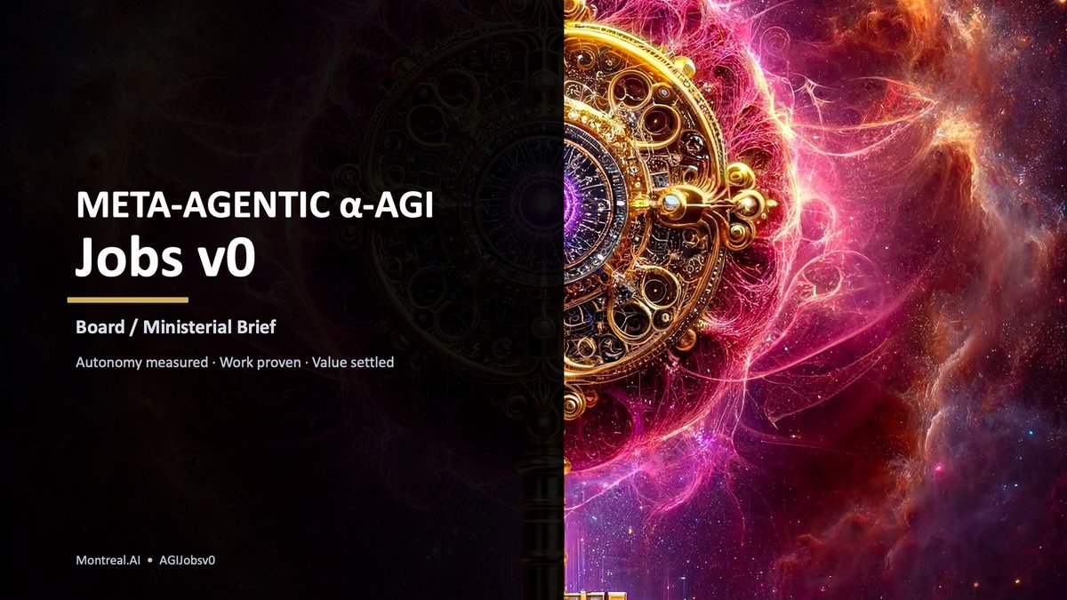 agialphaagent's tweet image. [ 🔱 META‑AGENTIC α‑AGI JOBS v0 ]

Ministerial Brief: github.com/MontrealAI/AGI…

“Agent spawns Agent” with game‑theoretic brakes

#AGIALPHA #AGIJobs #Superintelligence