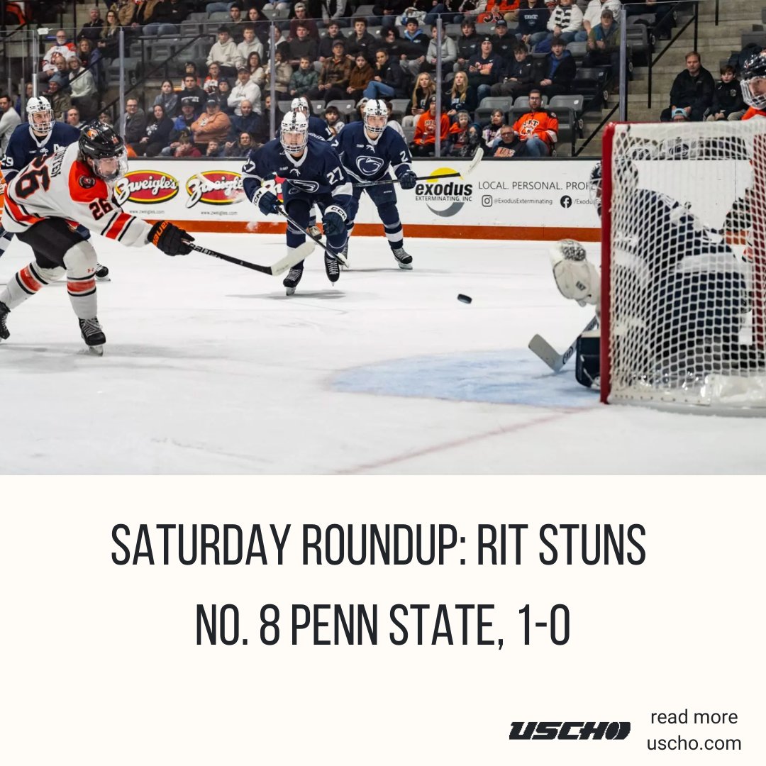 USCHO's tweet image. RIT stunned No. 8 Penn State with a 1–0 win in Rochester, riding a goal from Evan Konyen and a 44-save shutout from Jakub Krbecek.

To read full article go to uscho.com/2026/01/03/sat…