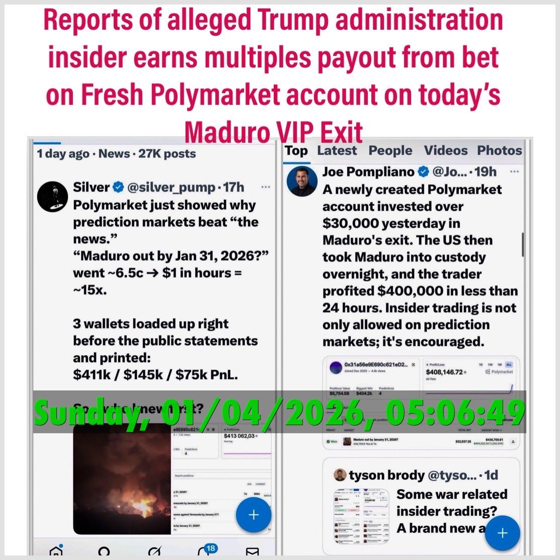 hyperthetkibble's tweet image. Reports of alleged Trump Adminstration insider earns multiples payout from Fresh New Polymarket account bet correct On today’s Maduro’s VIP Exit via US Military