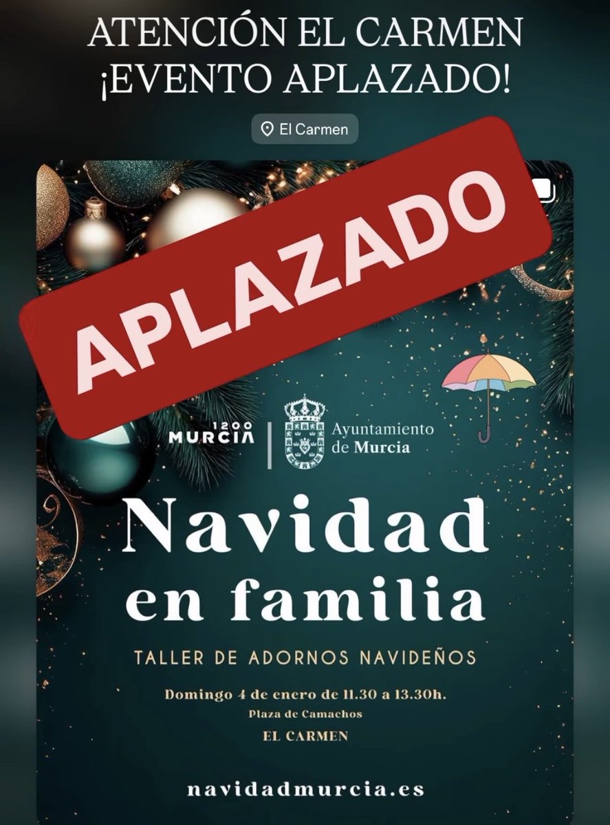 NAVIDAD EN FAMILIA ✨♥️
‼️Se cancela hoy el Taller de Adornos en El Carmen por motivo de lluvia ‼️

<a href="/AytoMurcia/">Ayuntamiento de Murcia</a> <a href="/Ppguillenparra/">Pepe Guillén Parra</a>