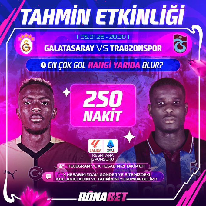 🇹🇷 #RONABET   İle Süper Kupa Yarı Final  Özel #NAKİT Ödüllü Etkinlik

🏟 #GALATASARAY Evinde, Büyük Rakibi  #TRABZONSPOR u  Ağırlıyor

⚽️ En Çok Gol Hangi Yarıda Olur ? Doğru Tahmin Eden  HERKESE  2️⃣5️⃣0️⃣₺ Nakit

🤑 Etkinlik Katılım Formu : t.ly/RonabetNakitEt…