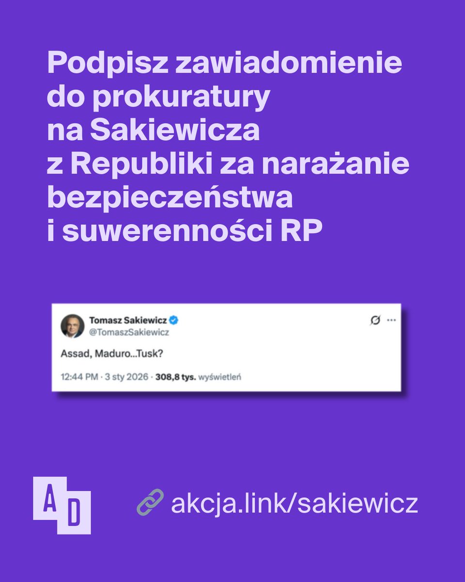 Podpisz się pod zawiadomieniem do Prokuratury na Sakiewicza z Telewizji Republika 👉 akcja.link/sakiewicz.

Po ataku Stanów Zjednoczonych na Caracas w Wenezueli, zwieńczonym wywiezieniem Nicolasa Maduro, dyktatora republiki, Tomasz Sakiewicz, szef Telewizji Republika, napisał