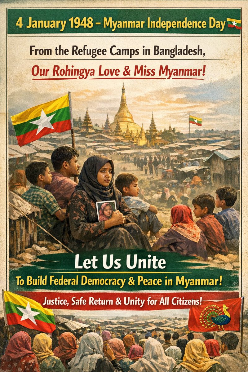 Mr_JakuOfficial's tweet photo. Today is called #MyanmarIndependenceDay, yet freedom is still a dream for millions.
Independence is not fireworks—it is dignity, justice, and the right to live without fear.
We remember the sacrifices. We renew the struggle.
Myanmar will be free. ✊🇲🇲
#FreedomForMyanmar #WhatsHap https://t.co/mb01CdfNCP