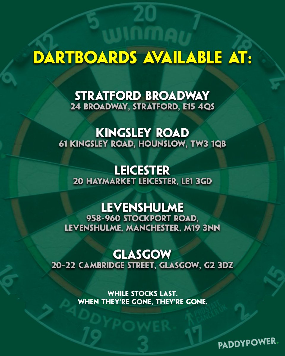 paddypower's tweet image. 🎯 LAST CHANCE TO GET A PP DARTBOARD! 🎯

A record 1,127 180s at the 2026 Paddy Power World Darts Championship means Paddy Power are donating a record £1,127,000 to @ProstateUK.

To celebrate, we’re giving away 1,127 PP dartboards across 5 UK shops.

Want one? Donate to…