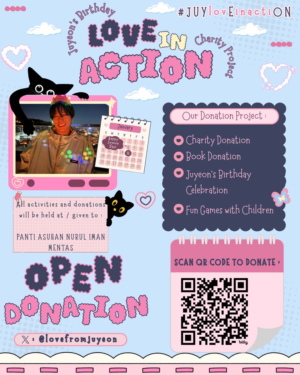 ‘𝙇𝙊𝙑𝙀 𝓲𝐧 𝘼𝘾𝙏𝙄𝙊𝙉’
— 𝗝𝗨𝗬𝗘𝗢𝗡’s Birthday Charity Project
📅 January 18th
📍 Panti Asuhan Nurul Iman
Let’s turn Juyeon’s B’day into action &amp; kindness ♡
Thank you
#𝗝𝗨𝗬𝘭𝘰𝘷𝗘𝘪𝘯𝘢𝘤𝘵𝘪𝗢𝗡 <a href="/lovefromjuyeon/">JUYEON'S BIRTHDAY CHARITY PROJECT</a>
— More details