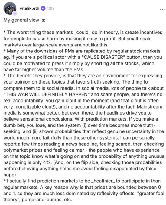 PolyPaxXyz's tweet photo. This is one of the clearest articulations of why prediction markets matter.

Vitalik’s core point isn’t about gambling — it’s about accountability for belief.

On social media, incentives reward being loud, extreme, and confidently wrong.
There’s no cost to missing reality.
Prediction markets flip that incentive:
you don’t get points for conviction — you get paid (or punished) for accuracy.

That’s the real power here:
 markets discipline narratives.
You can farm likes by declaring certainty on X.
But the moment capital is involved, uncertainty re-enters the equation.

That’s why prediction markets feel healthier than most information systems:
• falsehoods are expensive
• confidence has a price
• reality resolves disputes

They don’t erase misinformation — they price it.
And that alone makes them one of the most honest coordination mechanisms we’ve ever built.