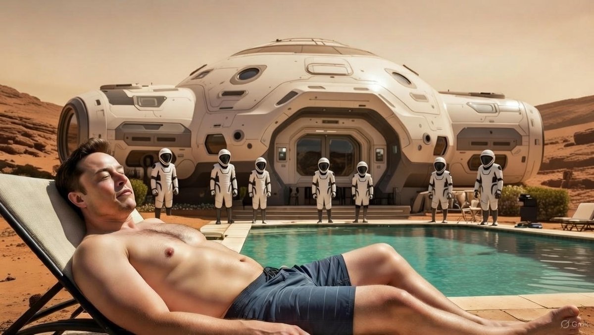 chartschaos's tweet photo. @elonmusk Finally colonized Mars. Built a pool. 
I’m just here living the dream. 🚀🏊‍♂️
#MarsLife #BossPerks https://t.co/WMfhzpV5Kg
