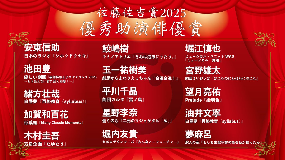 【#佐藤佐吉賞2025 優秀助演俳優賞】(1/3)
日本のラジオ『シホウドウセキ』安東信助
優しい劇団『妄想特急王子エクスプレス2025〜もう会えない君に会える線！〜』池田豊
白昼夢『再終教育（syllabus）』緒方壮哉
稲葉組『Many Classic Moments』加賀和百花
方舟企画『たゆたう』木村圭吾