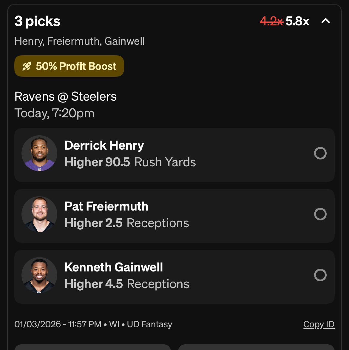 CoinofCollect's tweet image. NFL Sunday Props/Parlay
Ravens vs Steelers 

Last game for whoever loses, Potentially Arron Rodger’s last game of his career with a loss. If steelers trail Gainwell will be targeted short with Pat. Shown in H2H and it’s cold so short passes will be found more. Henry=Game Decider