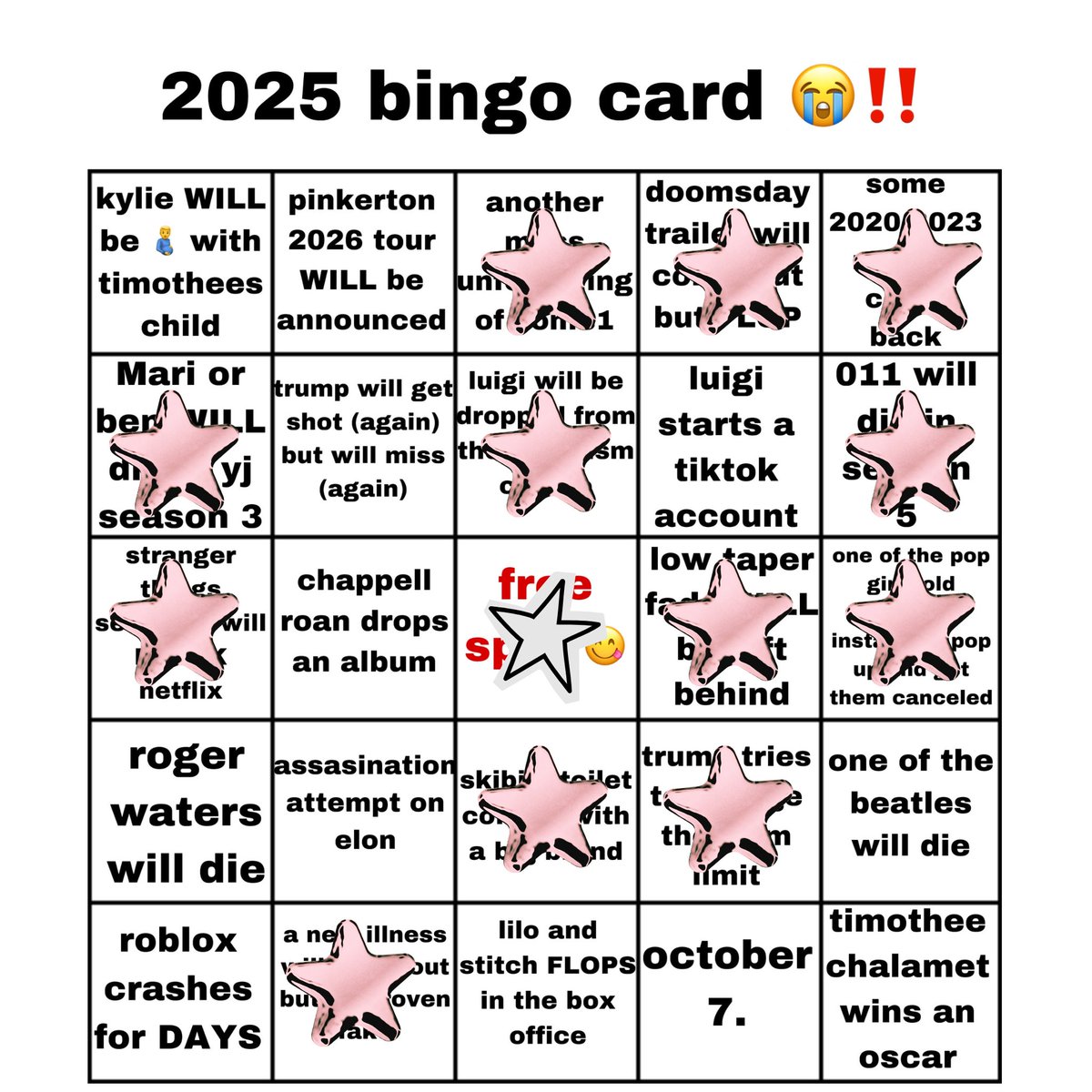 BananaManRandom's tweet image. 2026 predictions / bingo card and the 2025 results were ass 😭😭