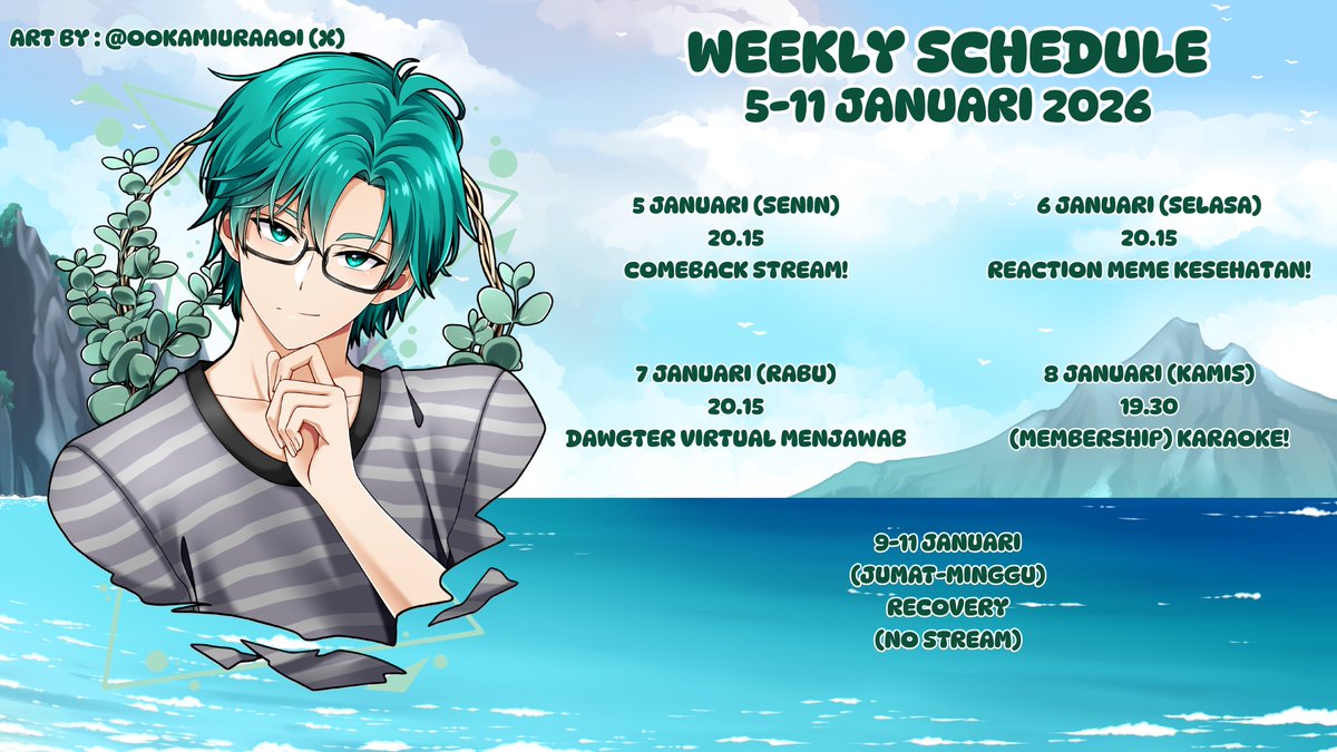 ruki_yahea's tweet image. 🩺WEEKLY SCHEDULE🎙️
5-11 JANUARI 2026

Akhirnya bisa balik! Mari kita melepas rindu!

Mau tanya jawab kesehatan? Cek form di reply pertama ya, bakal aku jawab di hari Rabu nanti!

General: #ruki_yahea
Art: #Gambaru_ki
Live: #Ruki_kiteiru