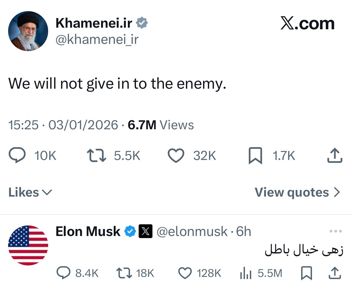 Wow.

Elon Musk just replied to Khamenei in Persian.

He’s basically calling him delusional.

Boss move.