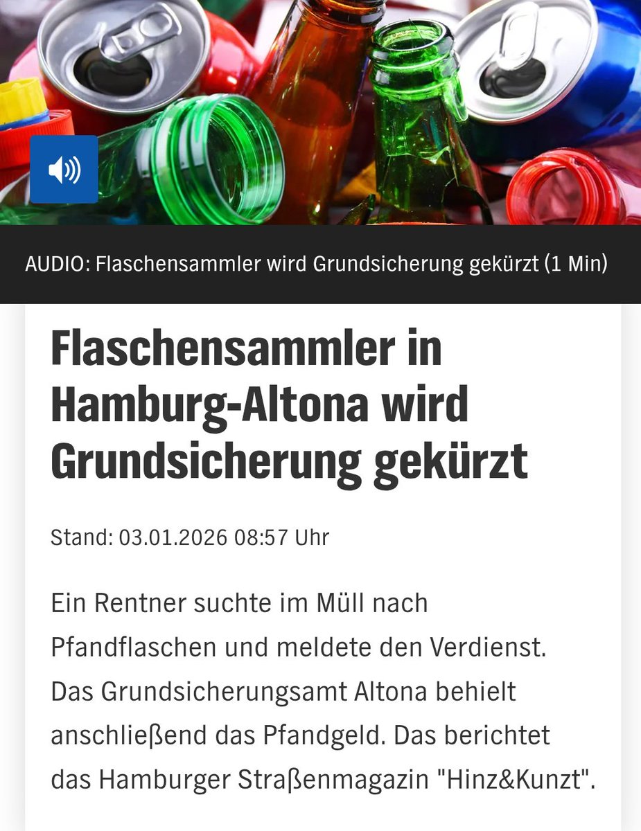 Ein Rentner wühlt im Müll nach Pfandflaschen.
Nicht, weil er Bock drauf hat.
Sondern, weil dieses Land ihn hat fallen lassen.
60 Euro.
Aus Dreck. Aus Scham. Aus Not.
Er ist ehrlich – und wird bestraft.
Grundsicherung gekürzt.
Während Milliarden verpuffen, wird beim Ärmsten