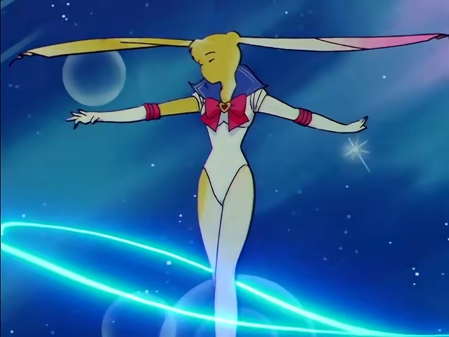 変身する際に巻きつけるリボン
セーラーマーキュリーは全身にリボンを一度に巻きつけてから一気に変身を完了するのに対して、セーラームーンは腕や脚と部分的に細かくリボンを巻きつけて都度その部位の変身を完了させていく
この違いで、ムーンの変身中には全身が一度にリボンで包まれた姿は見られない