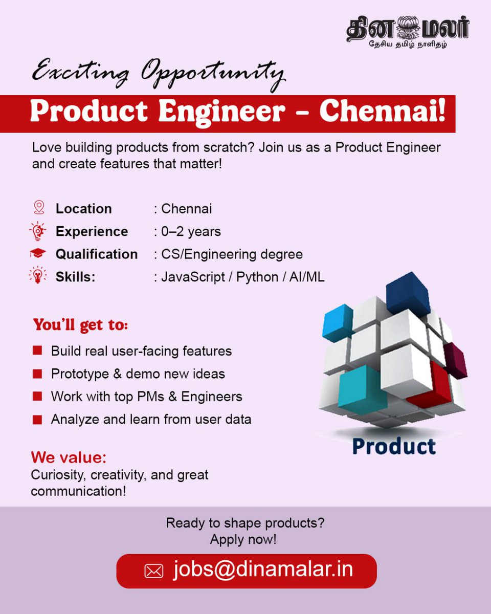 dinamalarweb's tweet image. Dinamalar Hiring
Product Engineer - Chennai
Send your CV to: jobs@dinamalar.in

#Dinamalarjobs 
#Reactdeveloper
#Dinamalar