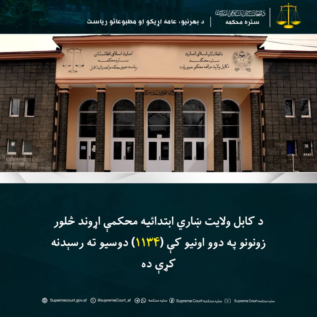 ستره محکمه:

د کابل ولايت ښاري ابتدائيه محکمې اړوند څلور زونونو په دوو اونيو کې (۱۱۳۴) دوسيو ته رسېدنه کړې ده.