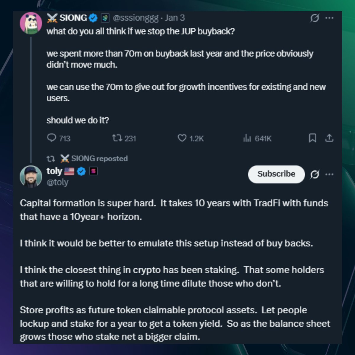 🚨Solana co-founder @toly suggests @JupiterExchange should store profits as  a future token. How do you view this treasury strategy? 👇