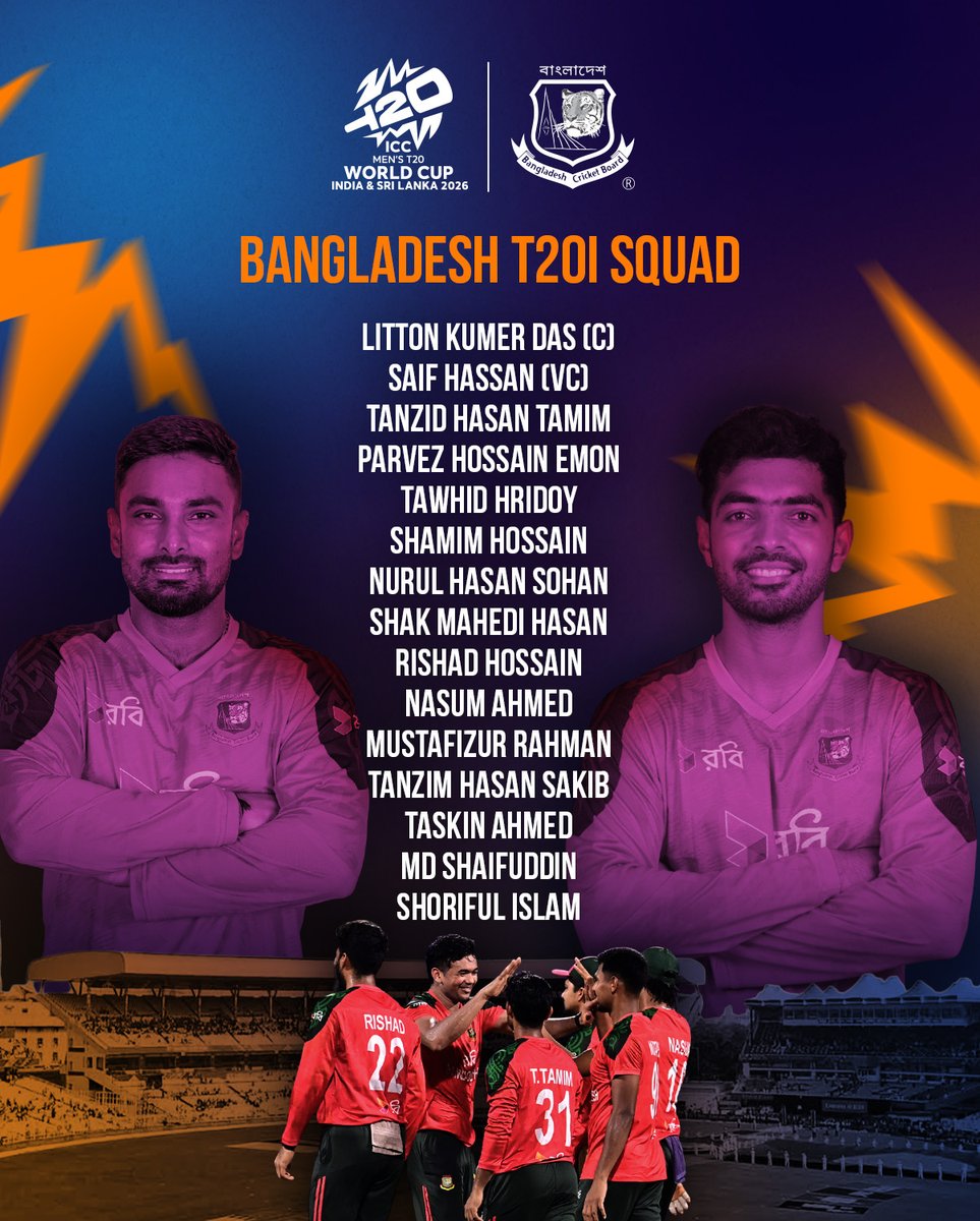 🇧🇩 Bangladesh T20 WC 2026 Squad! 🏏🚨

Captain: Litton Kumer Das | VC: Mohammed Saif Hassan
Tanzid Hasan, Parvez Hossain Emon, Tawhid Hridoy, Shamim Hossain, Qazi Nurul Hasan, Shak Mahedi, Rishad Hossain, Nasum, Mustafizur, Tanzim Sakib, Taskin, Shaifuddin, Shoriful

#T20WorldCup