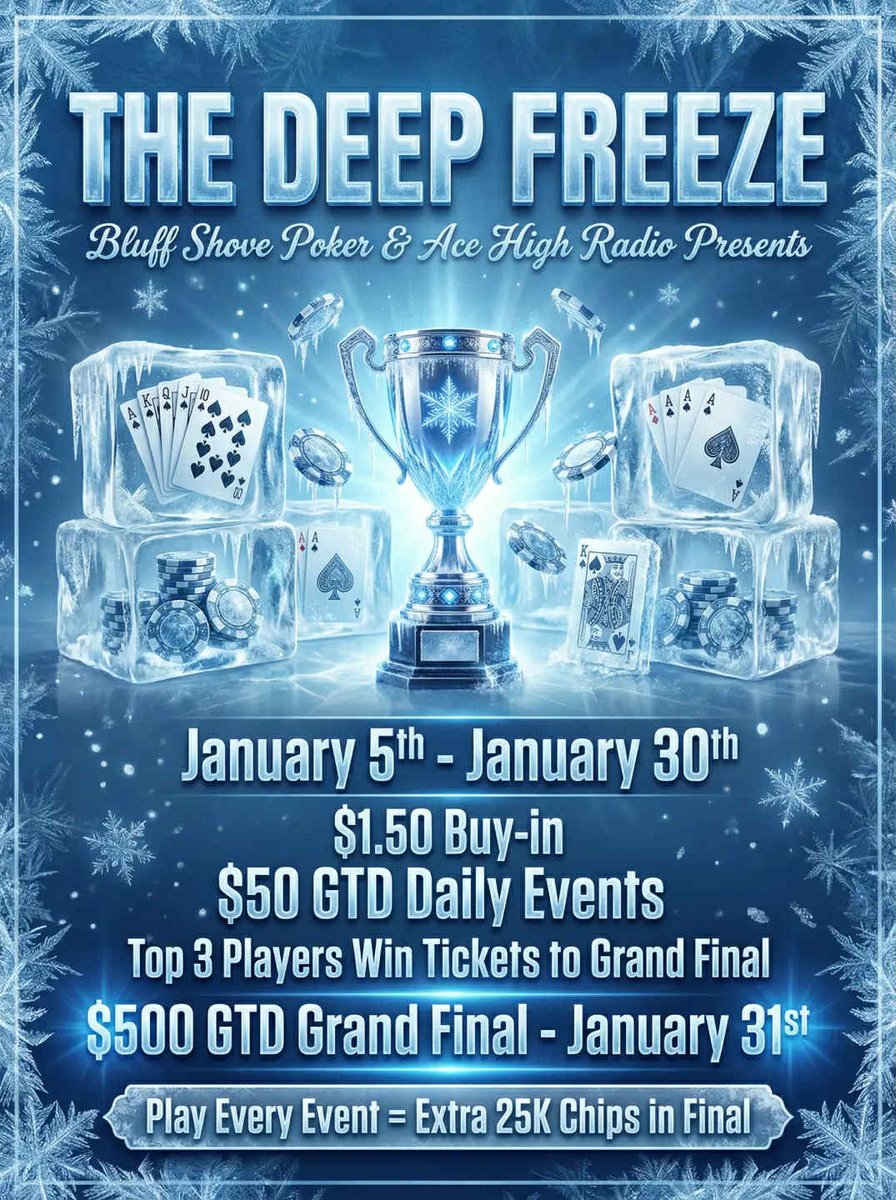acehighradio's tweet photo. JANUARY FREEZEOUT SERIES 
AceHighRadio 
Jan 5 – Jan 30
$50 GTD Daily Freezeouts
Top 3 finishers win tickets AS WELL
$500 GTD Grand Final – Jan 31
Play every $50 GTD Freezeout this month and get +25K bonus chips added to your Grand Final stack! https://t.co/xk4FrZ3XXf https://t.co/5jdRgGKZlq