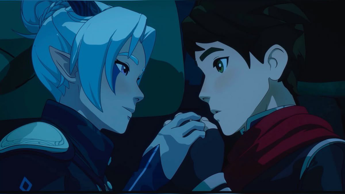 RaysSpellbook's tweet image. Headcannon that Rayla is always cold, like, no matter what she feels cold physically even if she feels warm on the inside, so she’s always cozying up to Callum and sticking her freezing hands under his shirt to warm up, much to his protests.