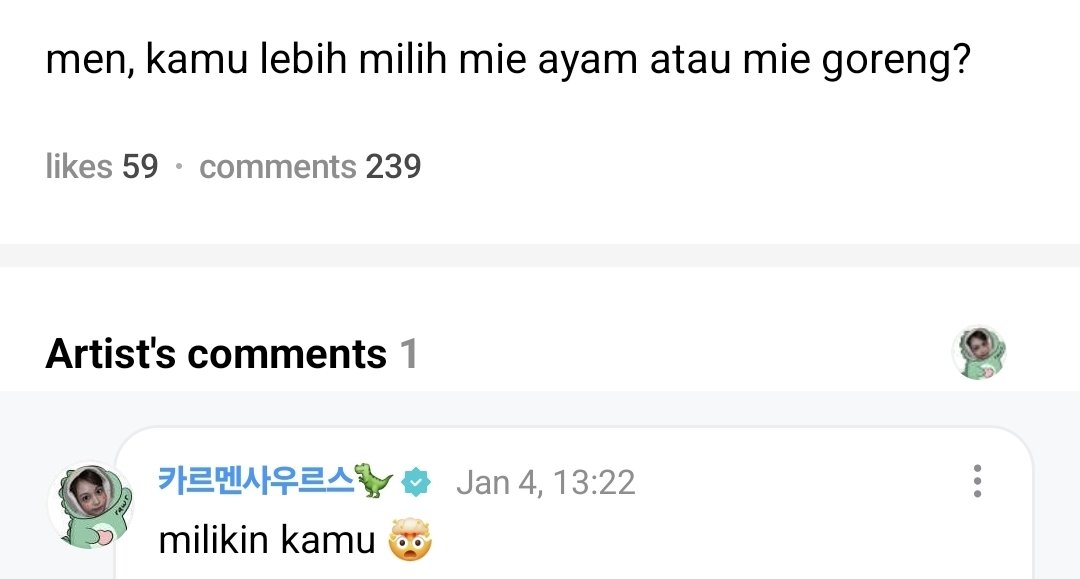 translatingH2H's tweet image. 💬 Weverse Reply 260104 | #CARMEN

👤: men, kamu lebih milih mie ayam atau mie goreng?
🌴: milikin kamu 🤯

| Translation |

👤: men, do you prefer noodle with chicken or fried noodle?
🌴: having you 🤯

#하츠투하츠 #Hearts2Hearts