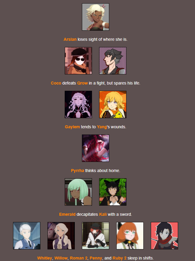 redlixeroses's tweet photo. Night 1

Arslan is losy

Coco beat my uncle but she is so nice to spare him!

Gaylem is helping Yang?

Pyrrha thinks about home

Emerald BRUTALLY killed Kali

Whitley, Willow, Roman 2, Penny, and my twin sleep in shifts https://t.co/ZlhCWdH1i6