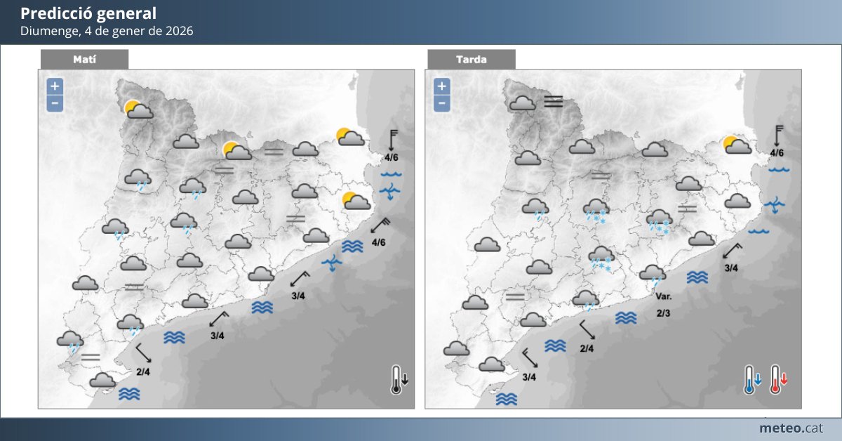 #PrediccióAvui

Avui es preveu:

Cel cobert o molt ennuvolat amb possibilitat d'alguns plugims dispersos més probables al final del dia. La temperatura baixarà progressivament.

Tots els detalls de la predicció, a:
meteo.cat/prediccio/gene…