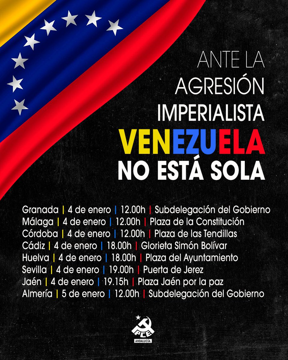 ‼️Ante la agresión imperialista: Venezuela no está sola.

📢 Las ocho provincias de #Andalucía salen a la calle en defensa de la paz y de la soberanía de los pueblos. 

¡Paremos la barbarie del imperialismo y del fascismo!

#VenezuelaNoEstáSola🇻🇪🔻✊