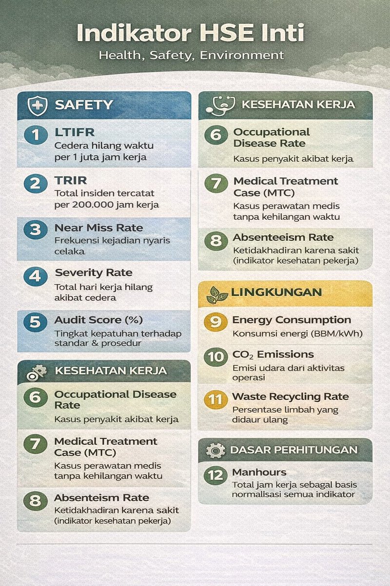 SukmaUnggul's tweet image. 📊 12 Indikator HSE yang Wajib Dikuasai Praktisi SHE Hari Ini

👉 Bisa? harus BISA!
Mulainya dari paham indikatornya.
HSE Career &amp;amp; Certification Guide
👉 lynk.id/sukmaunggul/ke…
#HSECareer #SHEProfessional #SafetyData #HSEIndicator #SafetyLeadership #ESG #ISO45001 #SMK3 #Careers