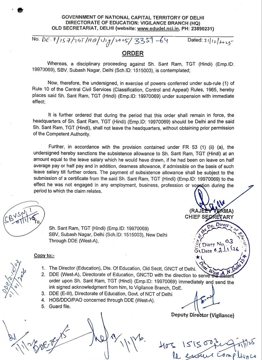 <a href="/Dir_Education/">DIRECTORATE OF EDUCATION Delhi</a> itself is responsible for creating this unwanted confusion, then why  Sh. Sant Ram TGT alone is singled out for punishment?  <a href="/gupta_rekha/">Rekha Gupta</a>   <a href="/ashishsood_bjp/">Ashish Sood</a> are requested to reconsider the case of Sh. Sant Ram TGT &amp; immediately withdraw the suspension order.