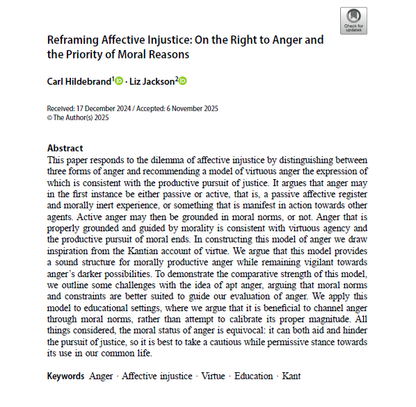 hku_mehu's tweet photo. Prof Carl Hildebrand (@CarlHbrand) and Prof Liz Jackson recently published a journal article on anger. Drawing inspiration from the Kantian account of virtue, they argue that the Kantian model is well suited to guiding the process of educating anger.

🔗 Read the open‑access article here:
https://t.co/bLAJXw7czD

Hildebrand, C., Jackson, L. Reframing Affective Injustice: On the Right to Anger and the Priority of Moral Reasons. Res Publica (2025).  

@hku_mehu @HKUCMEL @hkumed

#Anger #AffectiveInjustice #Virture #Education #Kant