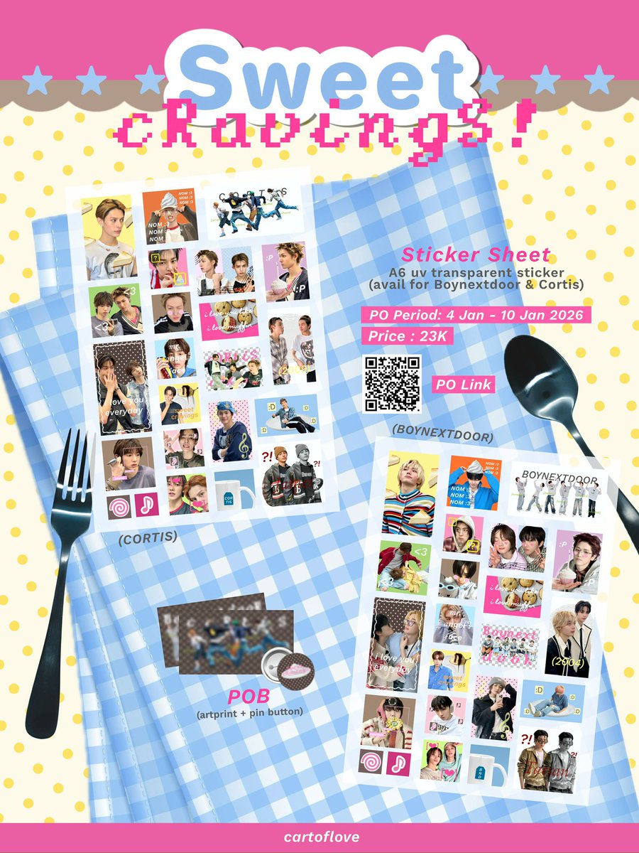 cartoflove's tweet photo. ` ๑ Pre-order : Sweet cRavingS 🧁💗 .. ꒱

♫ A6 UV Transparent Stikcer Sheet | 23K

📆 PO Period: 4 Jan - 10 Jan 2026
🖇️ Form PO: https://t.co/97TY60PE6o

★ avail for BOYNEXTDOOR &amp; CORTIS

#SweetcRavingS https://t.co/SjMZx1hLpk