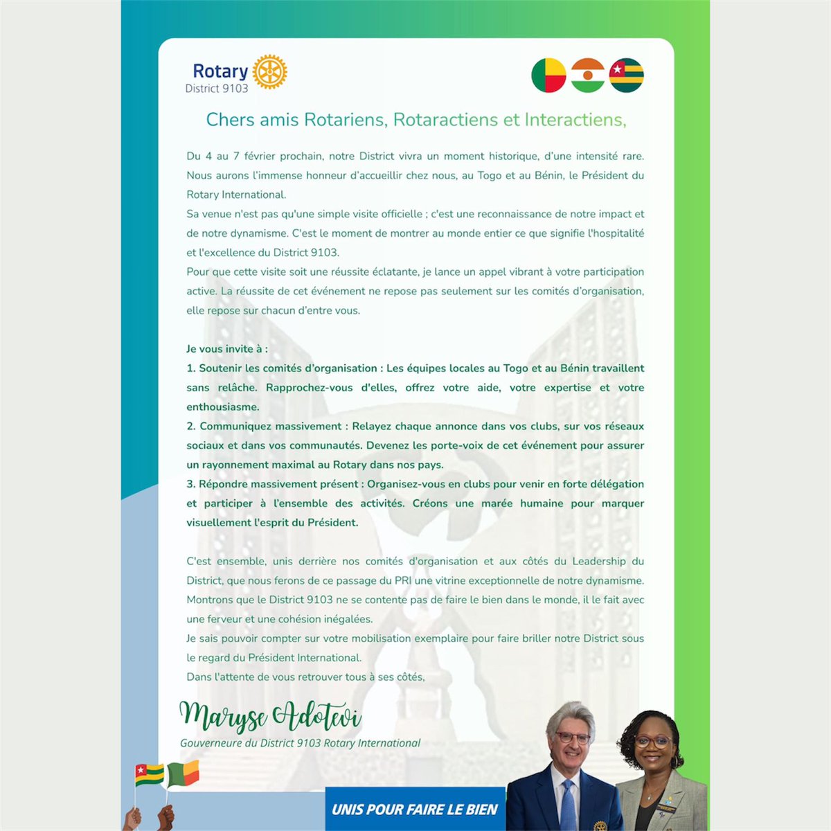 District9103's tweet photo. Un moment historique s’annonce pour le District 9103.
Du 4 au 7 février, le Togo et le Bénin accueilleront le Président du Rotary International.
Mobilisons-nous

#RotaryInternational #District9103 #UnisPourFaireLeBien #LeadershipRotarien #FiertéRotarienne #ActionEnsemble https://t.co/CdhEeZj4Pd