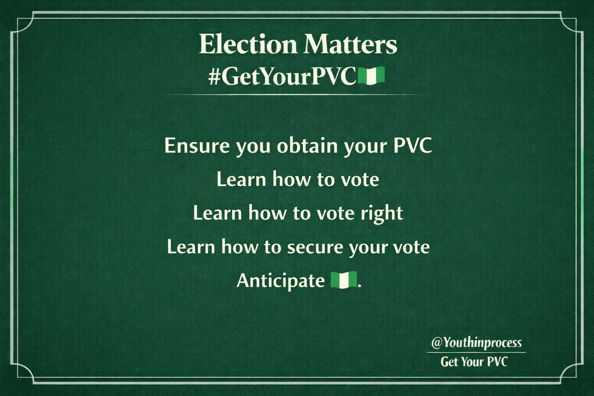 Ensure you obtain your PVC
Learn how to vote
Learn how to vote right
Learn how to secure your vote
Anticipate 🇳🇬
#NIGERIA #INEC