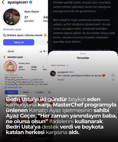 Yldrmbrcn_'s tweet image. Kanatçı Ayaz’ı boykot ediyoruz. Yok öyle Türk milletinin sırtından para kazanıp, sırtına hançeri saplamak.

Türk milletini aşağılayan, kibirli üslubuyla müşteriyi küçümseyen "Sonradan Gurme" Bedri Usta'ya destek, MasterChef'ten ünlenip vergi kaçırdığı iddia edilen Ayaz Geçer'in…