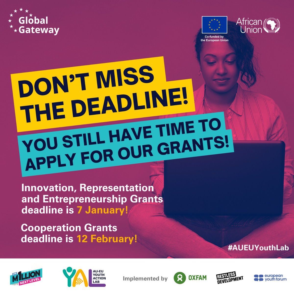 🚨 3 DAYS LEFT! 🚨

⏳ The countdown is on! Only 3 days left to apply for the #AUEUYouthActionLab Representation, Innovation &amp; Entrepreneurship Grants—🗓️deadline: 7th January, 2026. 

Got a bold, youth-led idea ready to make real change? Now is the time. Planning a cross-border