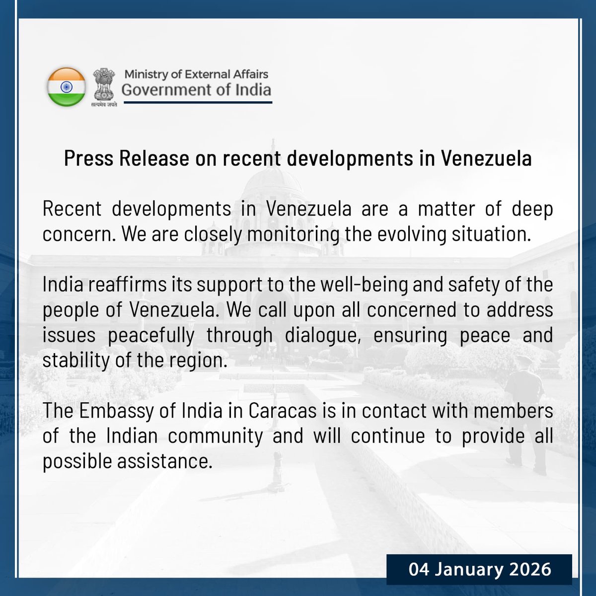 🚨 BIG BREAKING 

India expresses CONCERN over recent developments in Venezuela.