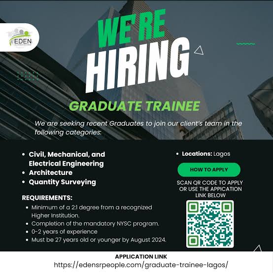 GABATA_NG's tweet image. Eden Solutions and Resources Graduate Trainee Program – Accounting Track
Location: Lagos
Job Type: Full-time
Deadline: 30th January, 2025

#bussinessmindset #GraduateTraineeProgram #GraduateTrainee #scholarships2026

lnkd.in/d79kz2iD

lnkd.in/dUKMfn2H