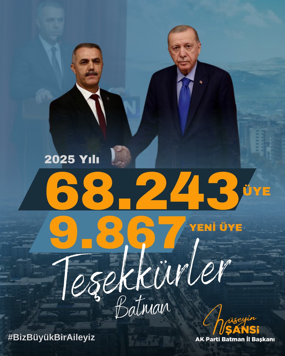 #BizBüyükBirAileyiz 
Teşekkürler Türkiye 
Teşekkürler Batman
Genel Başkanımız ve Cumhurbaşkanımız Sayın Recep Tayyip Erdoğan’ın liderliğinde, milletimizin güveniyle büyüyen AK Parti ailemiz 11,5 milyon üyeye ulaştı.
 Bu davaya gönül vermiş tüm vatandaşımıza teşekkür ediyoruz.