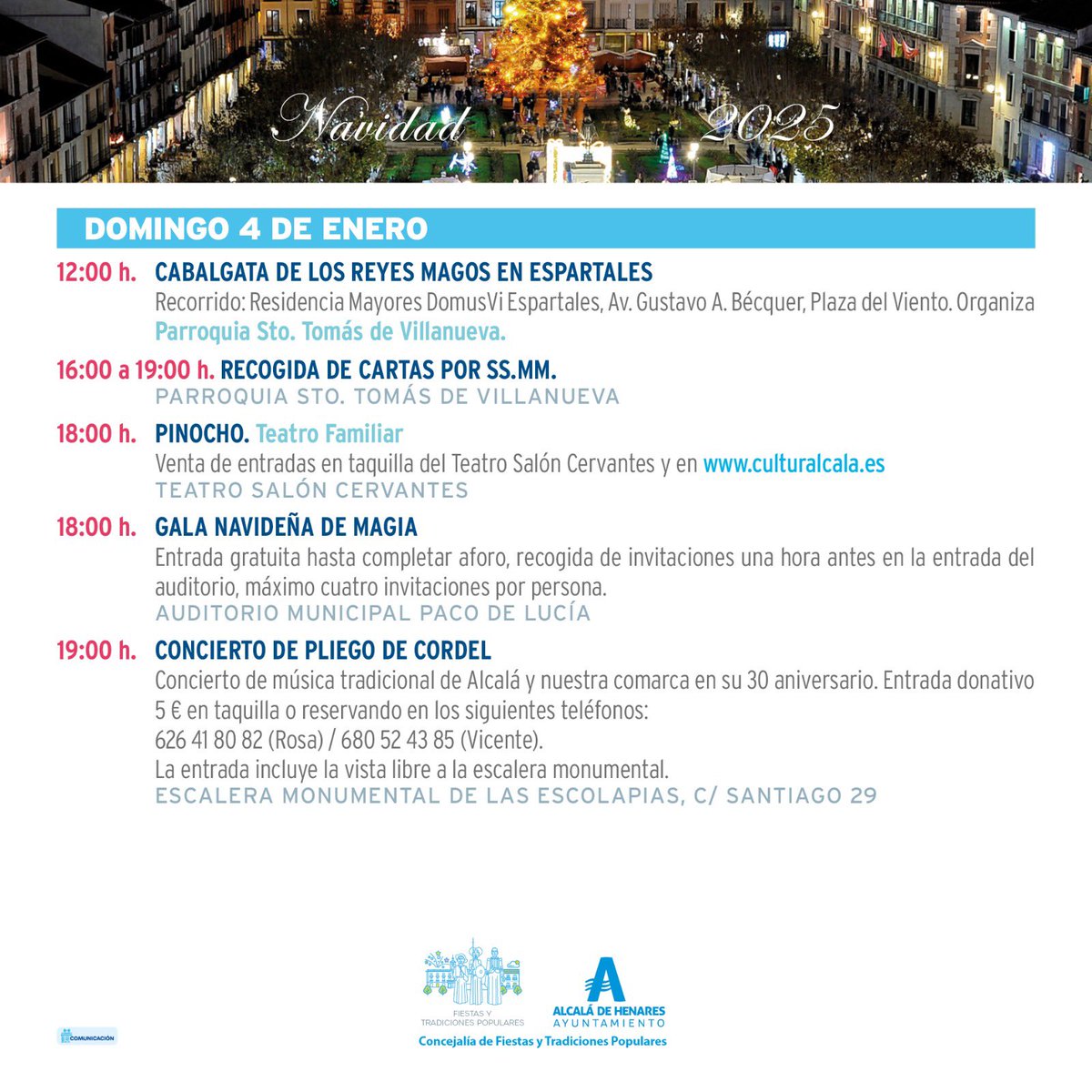 AytoAlcalaH's tweet photo. NAVIDAD ALCALÁ |
🎄 Este domingo, disfruta de la Navidad en Alcalá de Henares con la ‘Cabalgata de Reyes Magos’ en Espartales, teatro familiar, un concierto de música, y la ‘Gala Navideña de Magia’ que no te puedes perder.

☝️👥‼️ÚLTIMO DÍA para pasar a ver los 2 grandes belenes de la @AComplutenseBel‼️

‼️FELIZ DOMINGO‼️😉

#AlcaláDeHenares #Navidad